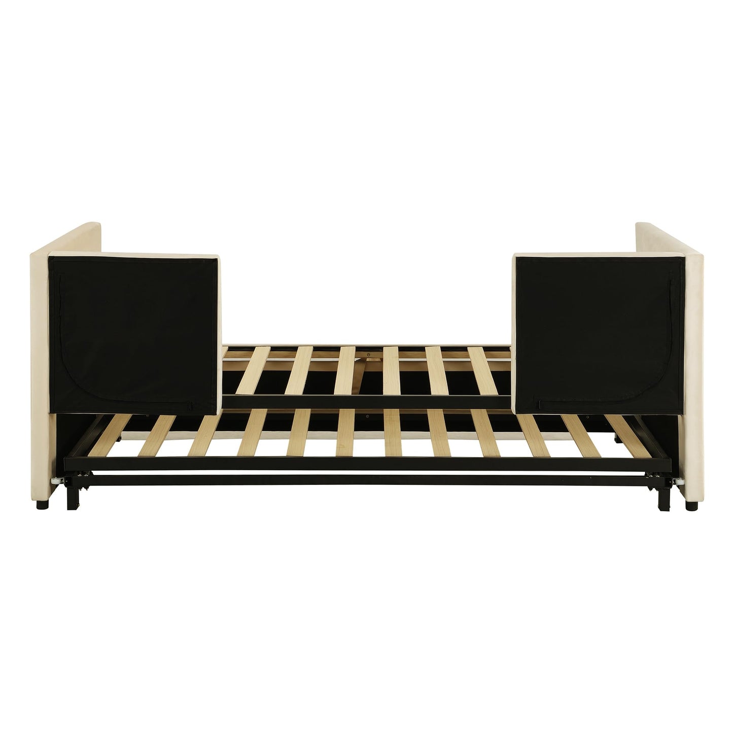 KTATK Twin Size Velvet Upholstered Daybed with Pop Up Trundle,Extendable Wooden Bed Frame,W/Backrest and Armrests,Twin-Size to King-Size,for Living Room Apartment,Beige