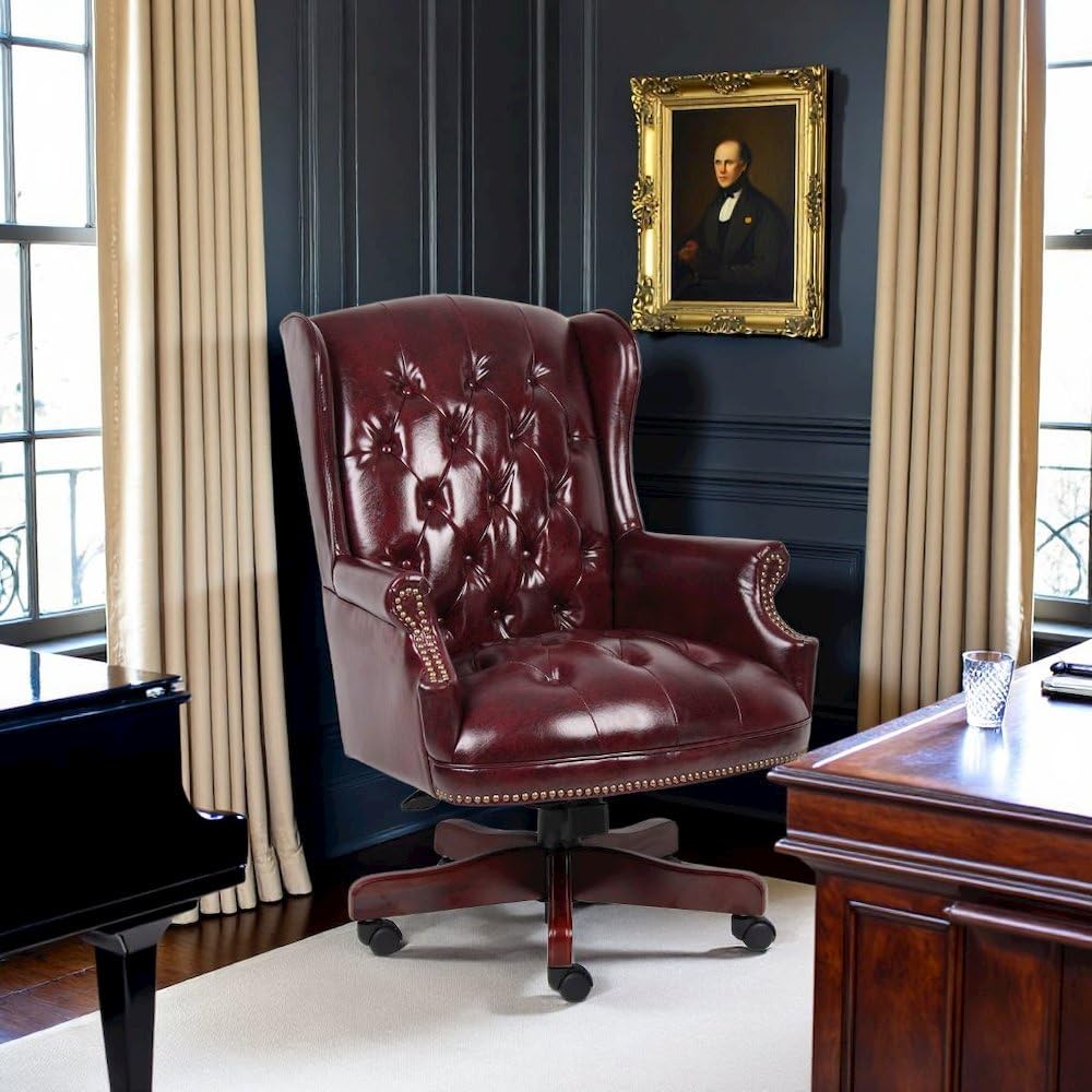 Starlight Canyon Home Burgundy Faux Leather Office Chair, Executive Seating with Wood Frame, Leather Desk Option for Study, Boardroom, Or Office Settings