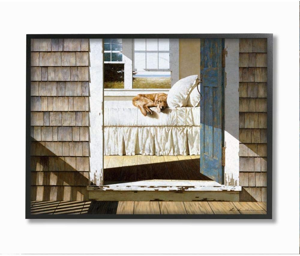 Stupell Industries Dog Nap at Cape House Painting - Realistic Coastal Art, 11x14, Black Framed