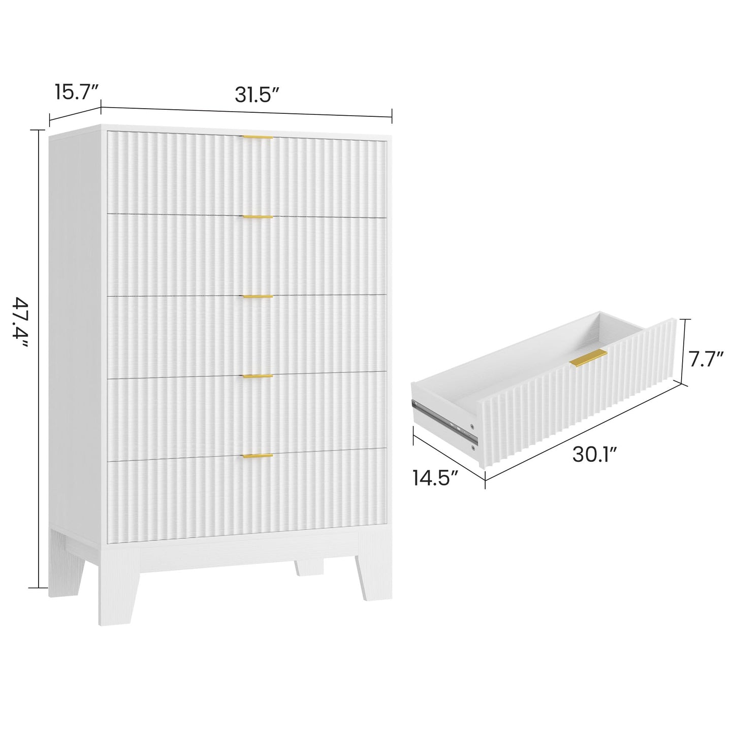 Garvee 5 Drawer Dresser for Bedroom, 47" Tall Fluted Chest of Drawers with Metal Handle, Modern Wooden Dresser TV Stand, Clothes Storage Organizer Wood Closet for Hallway, Entryway, White