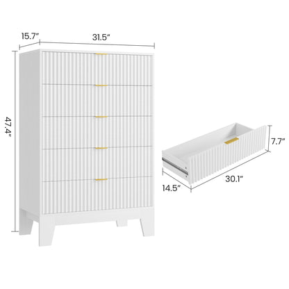 Garvee 5 Drawer Dresser for Bedroom, 47" Tall Fluted Chest of Drawers with Metal Handle, Modern Wooden Dresser TV Stand, Clothes Storage Organizer Wood Closet for Hallway, Entryway, White