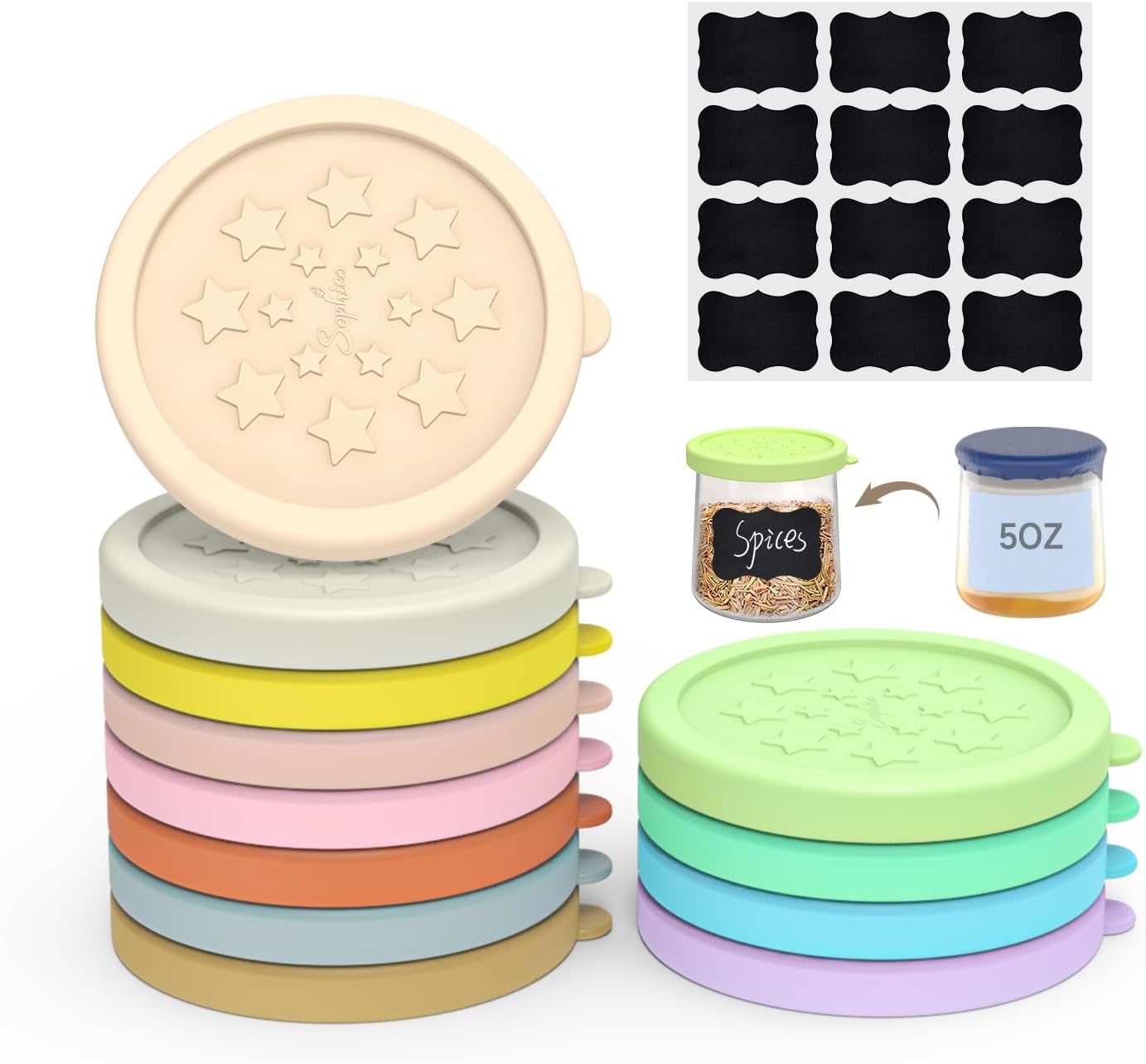 12 Pack 5oz Sophico Oui Yogurt Jar Lids Silicone, Leak Proof Covers Fit For Oui Glass Jar with Bottle Labels, Airtight