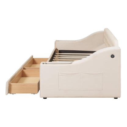 Brisca Twin Size Upholstered Daybed with Storage Armrests and USB Port,Bed Frame W/ 2 Drawers & Wood Slats Support,for Bedroom,Apartment,Guest Room,Beige