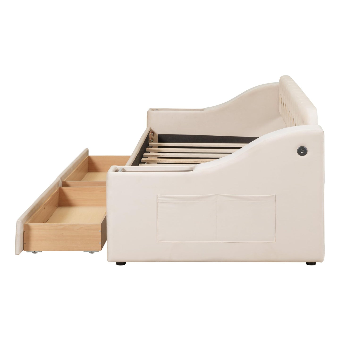 Merax Twin Size Upholstered Daybed with Storage Armrests, Wooden Sofa Bed Frame with 2 Drawers and USB Port, Beige