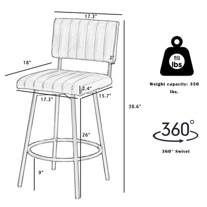 MILCIL Swivel Counter Height Bar Stools with Back Set of 2, Upholstered 26'' Counter Stools with Metal Frame, Faux Leather Cognac