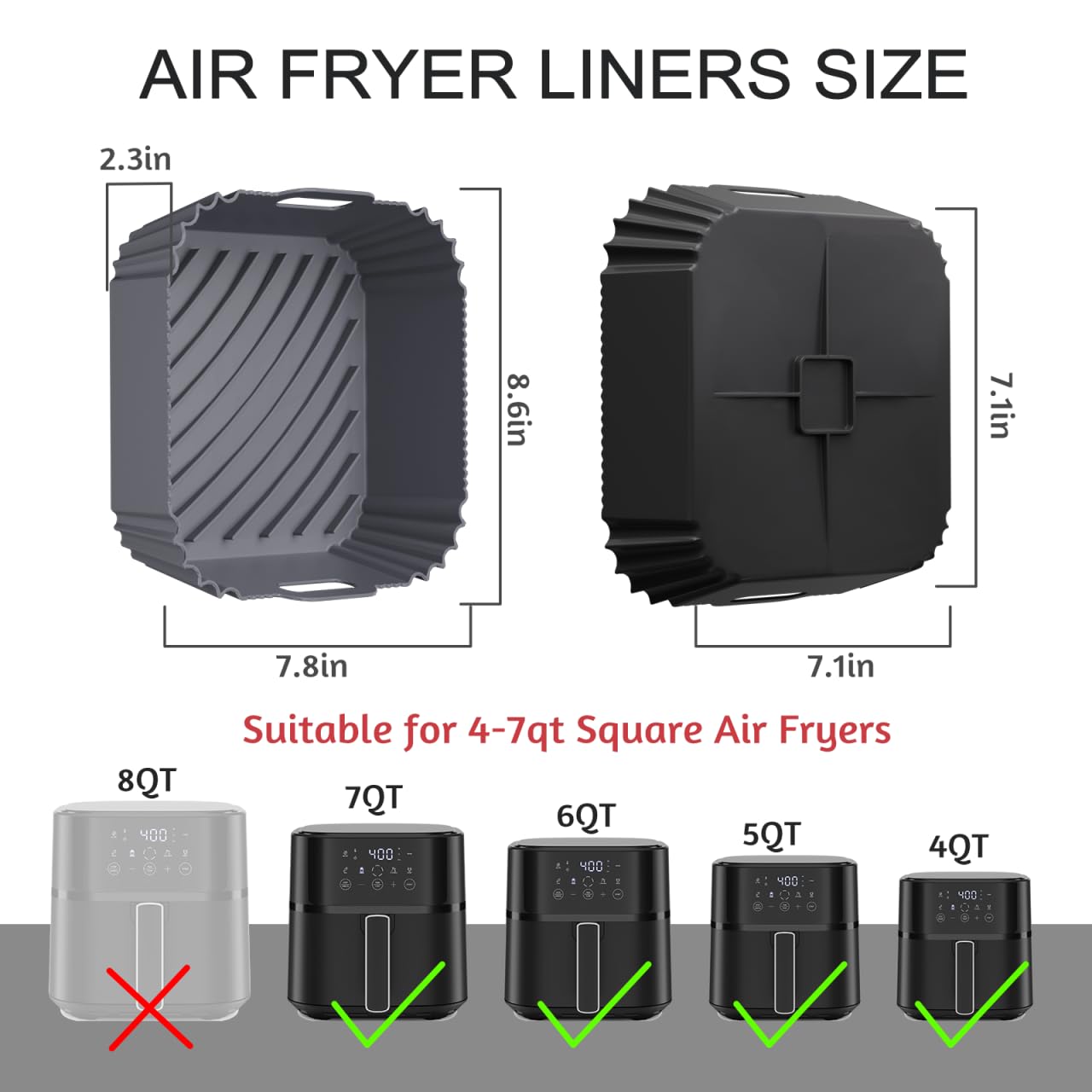 Air Fryer Silicone Liners 2 Pack, Reusable Square Air fryer Basket Liners, 4-7Qt Silicone Baking Tray for Instant Air fryer, Oven Microwave Pot Accessories, Food Grade Kitchen Gadgets