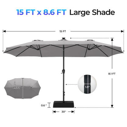 SUPERJARE 15ft Large Patio Umbrella with Base included, Double Sided Outdoor Umbrella with Solar Lights, Pool Umbrella with Fade Resistant Canopy for Deck, Porch, Yard, Balcony, Grey