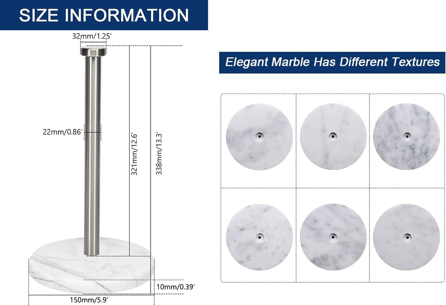 NearMoon Standing Paper Towel Holder, Kitchen Paper Towel Tissue Holder- for Bathroom Kitchen Countertop, Standard or Jumbo-Sized Roll Paper (with Marble Base, Brushed Nickel)