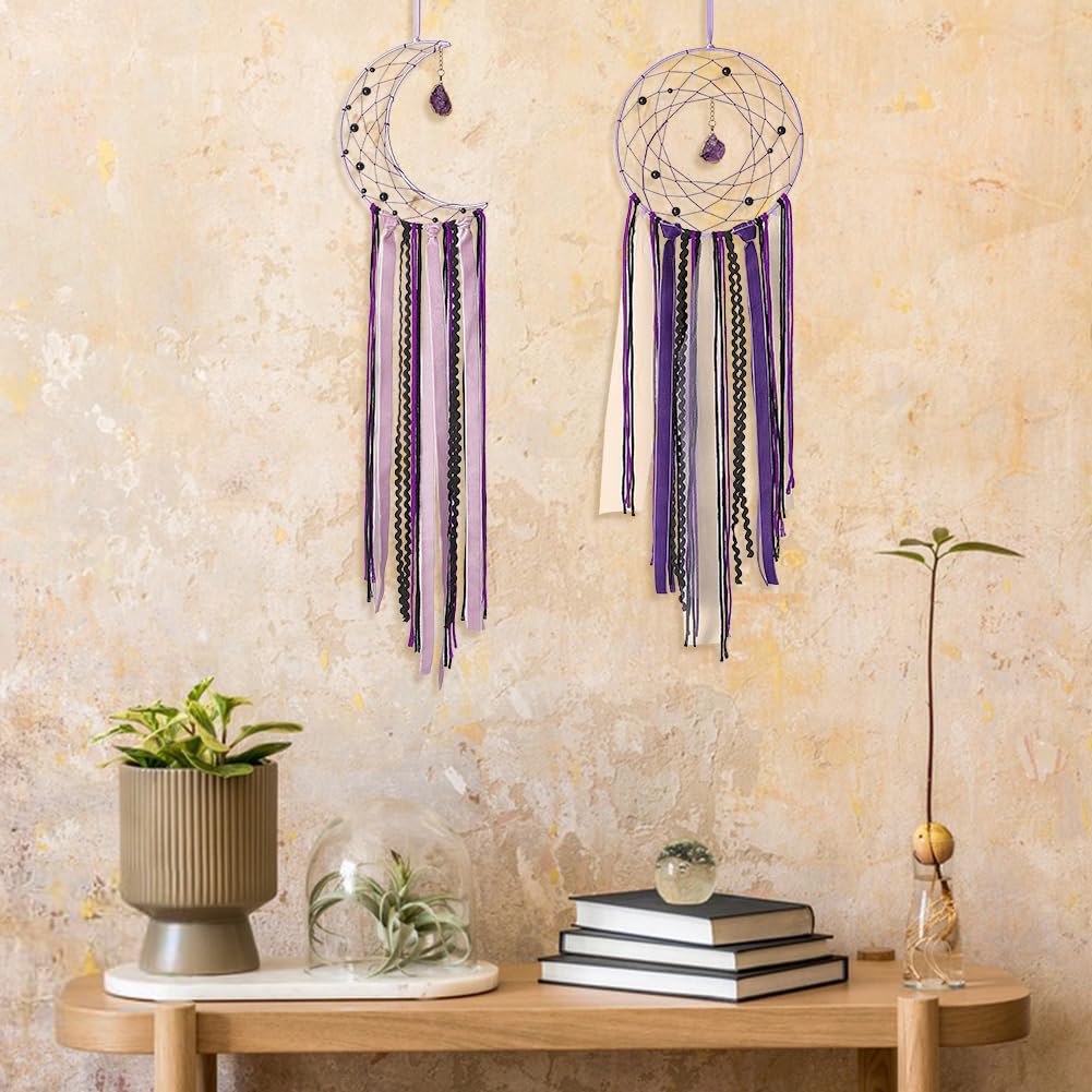BEUNITONE DIY Purple Moon Lace Gothic Dream Catcher kit 2 Set Boho Large Half Circle Handmade Dream Catcher Kit with Purple Agate for Wall Decor Women Gift Moon Sun DIY Gifts for Bedroom Christmas