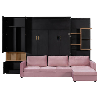 DNYN Queen Size Murphy Bed with Large Sofa and Storage Shelves for Bedroom/Guest/Study Room, Space-Saving Wooden Foldable Wall Bed Frame with Dual LED and Cabinets, No Box Spring Needed