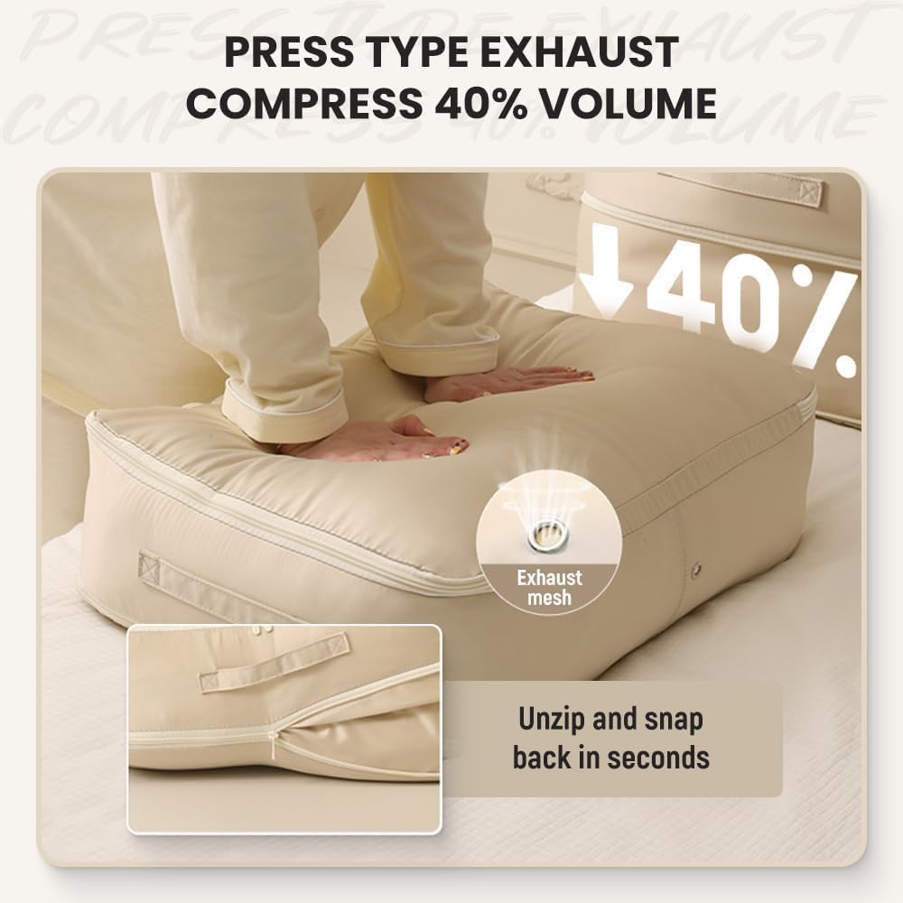 Ultra Space Saving Self Compression Organizer Bags | Heavy Duty Moving Bags for Comforters, Clothes, Blankets (Khaki, L)