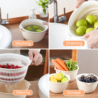 2 in 1 Kitchen Colander Set with Bowl Strainer (2 Sets 2.5 Qt),BPA Free Plastic Fruits and Vegetable Washing Basket,Dishwasher Friendly Double Layered Drain Basin,for Pasta Salad Berry Cleaning Mixing