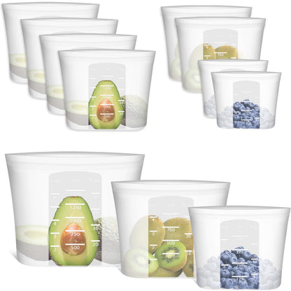 Reusable Food Bags, 12 Pack 100% Silicone Food Storage Bags Stand Up Zip Lock Container, Freezer Microwave Oven Dishwasher Safe, 4 Medium 4 Small 4 Extra Small, Aqua