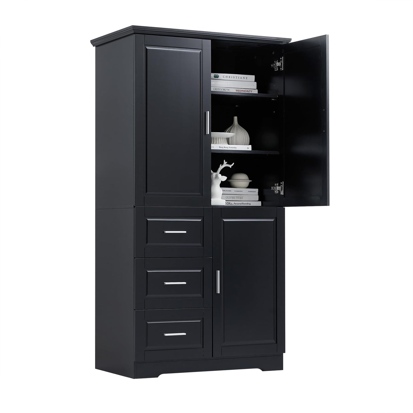 62.2" Wide Storage Cabinet Pantry Cupboard with Doors and Drawers for Home Kitchen, Bathroom and Living Room, Adjustable Shelf, Black