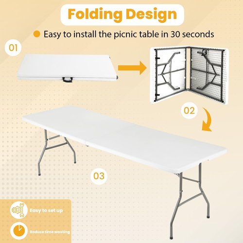 FDW Folding Table - 6FT Portable Picnic & Party Table with Carrying Handle | White Color