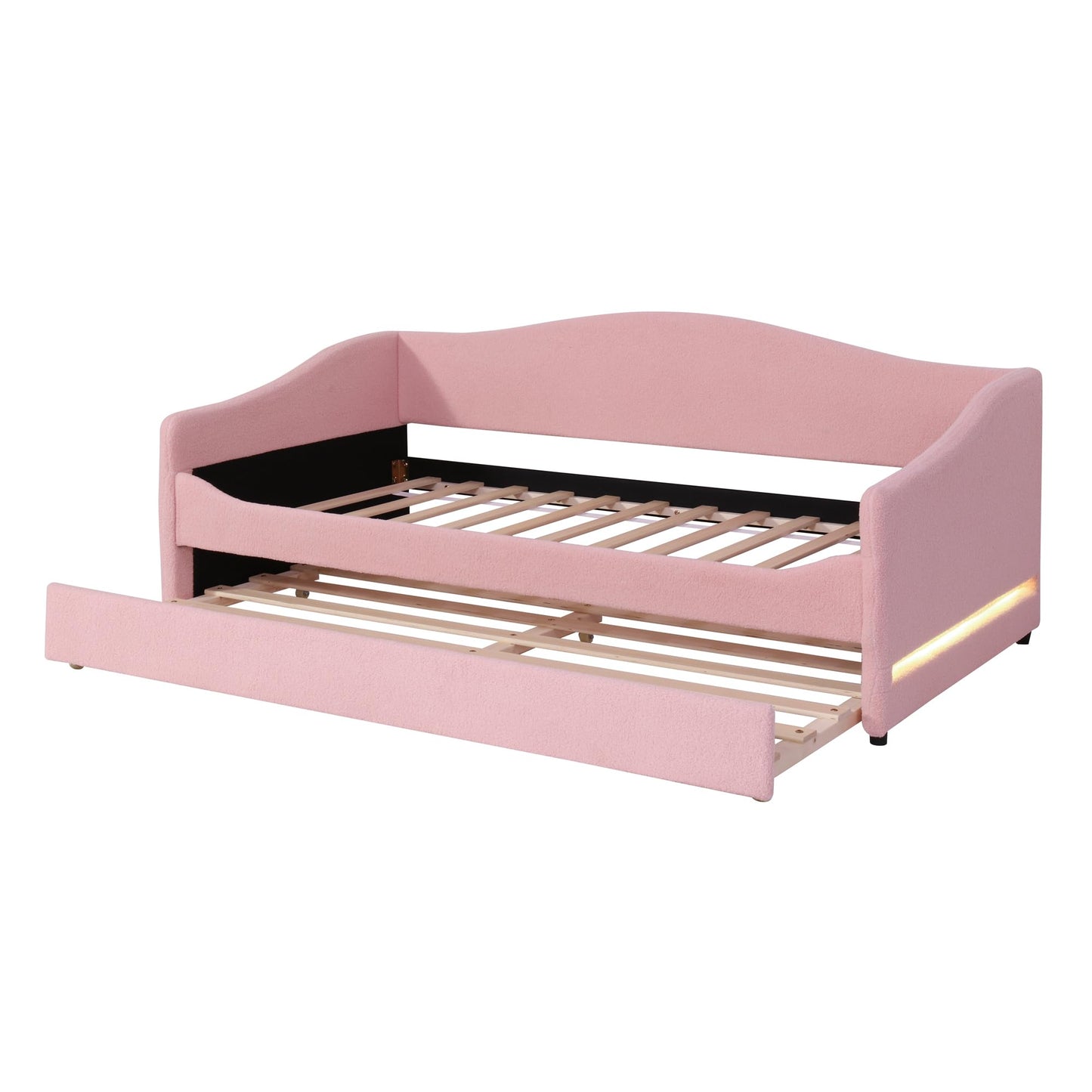Twin Size Upholstered Daybed with Trundle,Teddy Fleece Twin Daybed Frame,Twin Day Bed with LED Light,Tufted Sofa Bed Daybed for Bedroom,Living Room,Guest,Pink