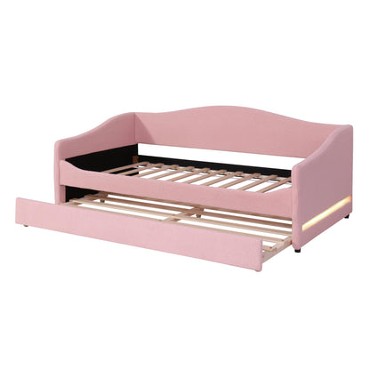Twin Size Upholstered Daybed with Trundle,Teddy Fleece Twin Daybed Frame,Twin Day Bed with LED Light,Tufted Sofa Bed Daybed for Bedroom,Living Room,Guest,Pink