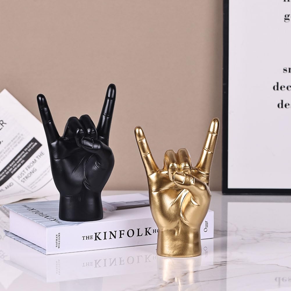 7.7" QIANLING Gold Resin Rock On Hand Gesture Statue - Rock Culture Music Lovers' Decorative Tabletop Sculpture