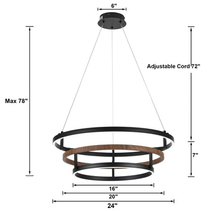 Three-Ring 48-inch glod Vintage Wood-Grain Farmhouse LED Chandelier with Remote Control and dimmable Brightness, Suitable for Dining Room, Kitchen, and Living Room. (glod-48)