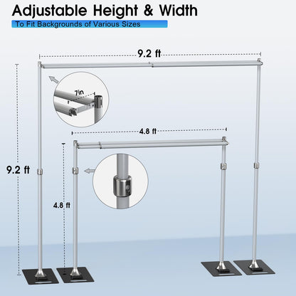 ALTSON Photo Backdrop Stand Heavy Duty 9.2x9.2Ft, Double Crossbar Pipe and Drape Stand Kit, Adjustable Metal Frame Background Stand with Flat Base for Wedding Party Birthday Photography Decoration