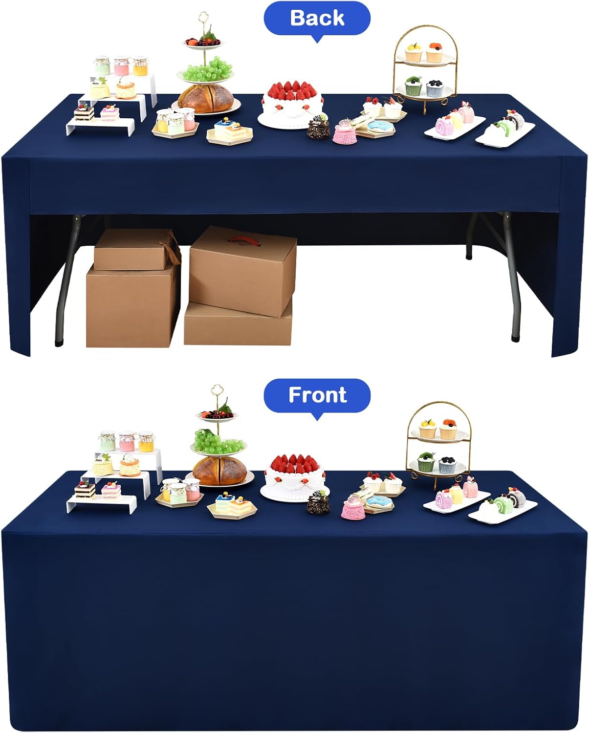 2 Pack 6ft (72x30 Inch), 3-Sided Wolkemer Open Back Fitted Tablecloth Rectangle Vendor Table Cloth Washable Navy Fabric