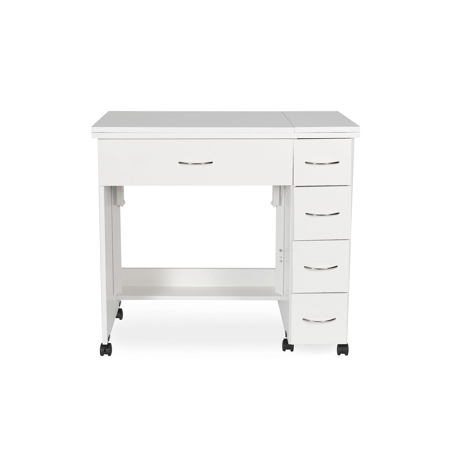 Arrow Classic Sewing Furniture Alice Compact Mid-Size Sewing Cabinet with Hydraulic Machine Lift, Drawers, Expandable Leaves, Locking Wheels - Ash White
