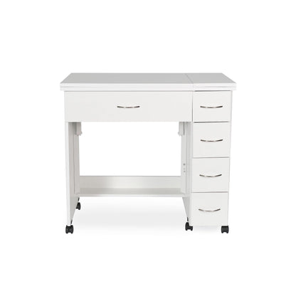Arrow Classic Sewing Furniture Alice Compact Mid-Size Sewing Cabinet with Hydraulic Machine Lift, Drawers, Expandable Leaves, Locking Wheels - Ash White