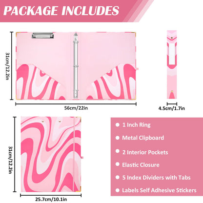 CenviaLuxy 3 Ring Binder 1 Inch Three Ring Binder Cute Binder Fits A4 Paper Decorative Clipboard Binder with 5 Tab Dividers for School Office Supplies (Pink Ripple)