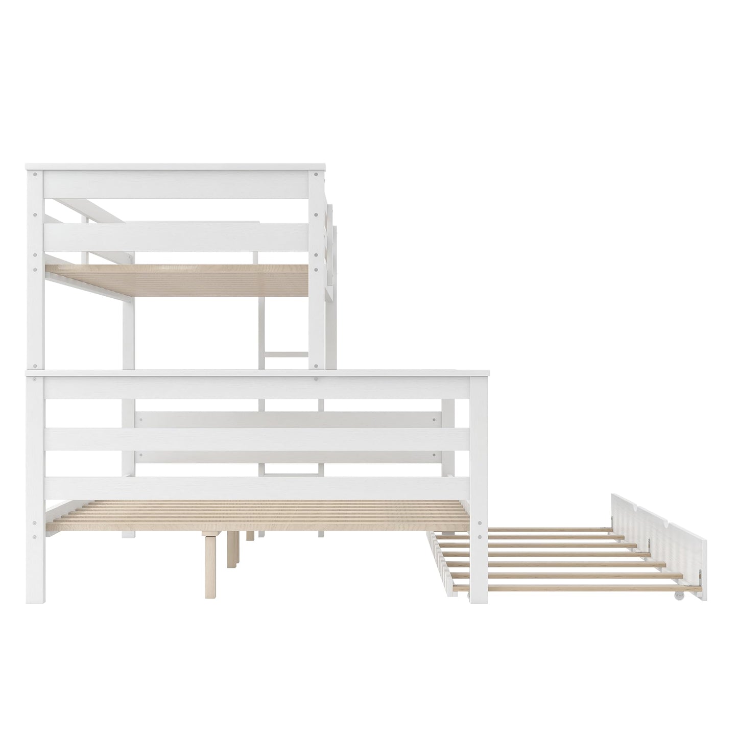 Merax Twin XL Over Queen Bunk Bed Wood Detachable Bunk Bed with Trundle & Ladder, Multifunction Bunk Bed with Full Length Gardrails, No Box Spring Needed,Space Saving,White