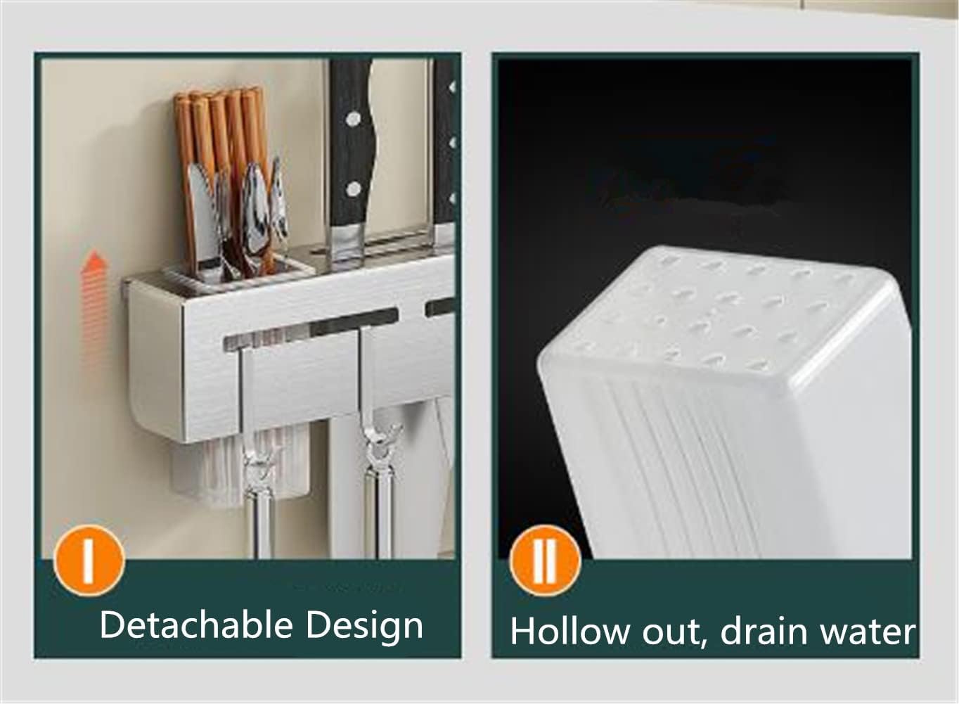 Wall Mount Utensil Holder - 15.7'' Stainless Steel Kitchen Rack with Knife Holder, Towel Bar, and Hooks