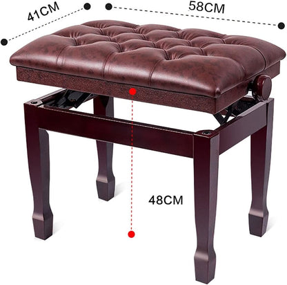FKTHYO Piano Stool Piano Bench Dressing Table Stool Solid Wood Piano Stool Leather Padded Piano Bench Keyboard Stools with Elegant Horseshoe Stool Legs, 58 x 41 x 48-58CM,Mahogany