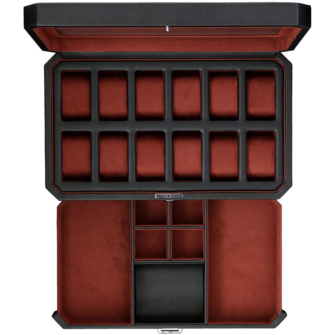 Gift Set 12 Slot Leather Watch Box with Valet Drawer & Matching Single Watch Winder - Luxury Case Display Organizer, Locking Mens Jewelry Watches Holder, Men's Storage Boxes Glass Top Black/Red