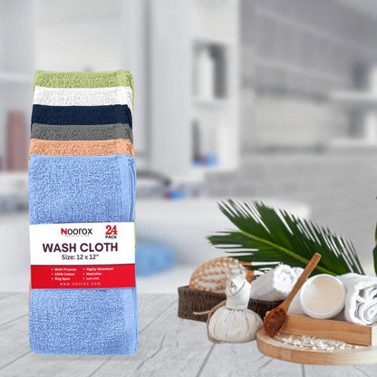 12x12 Inch Pack 24 Washcloths of Soft, Absorbent, Quick-Dry Cotton Towels for Bath, Gym, Hotel & Salon