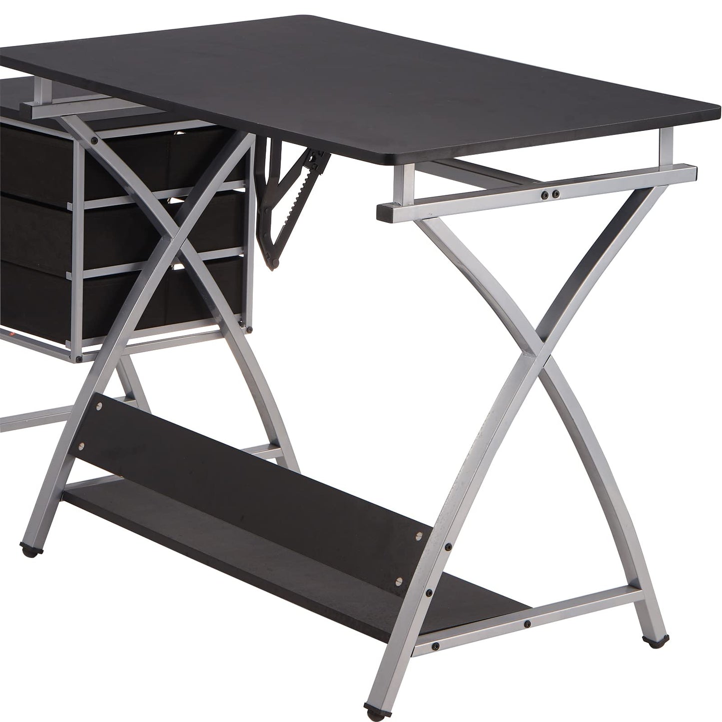 Adjustable Drafting Table for Artists with Stool, Sturdy X-Cross Metal Frame Drawing Table with Storage Drawers, Art Desk with Tilted Tabletop, Craft Station Writing Computer Desk, Black