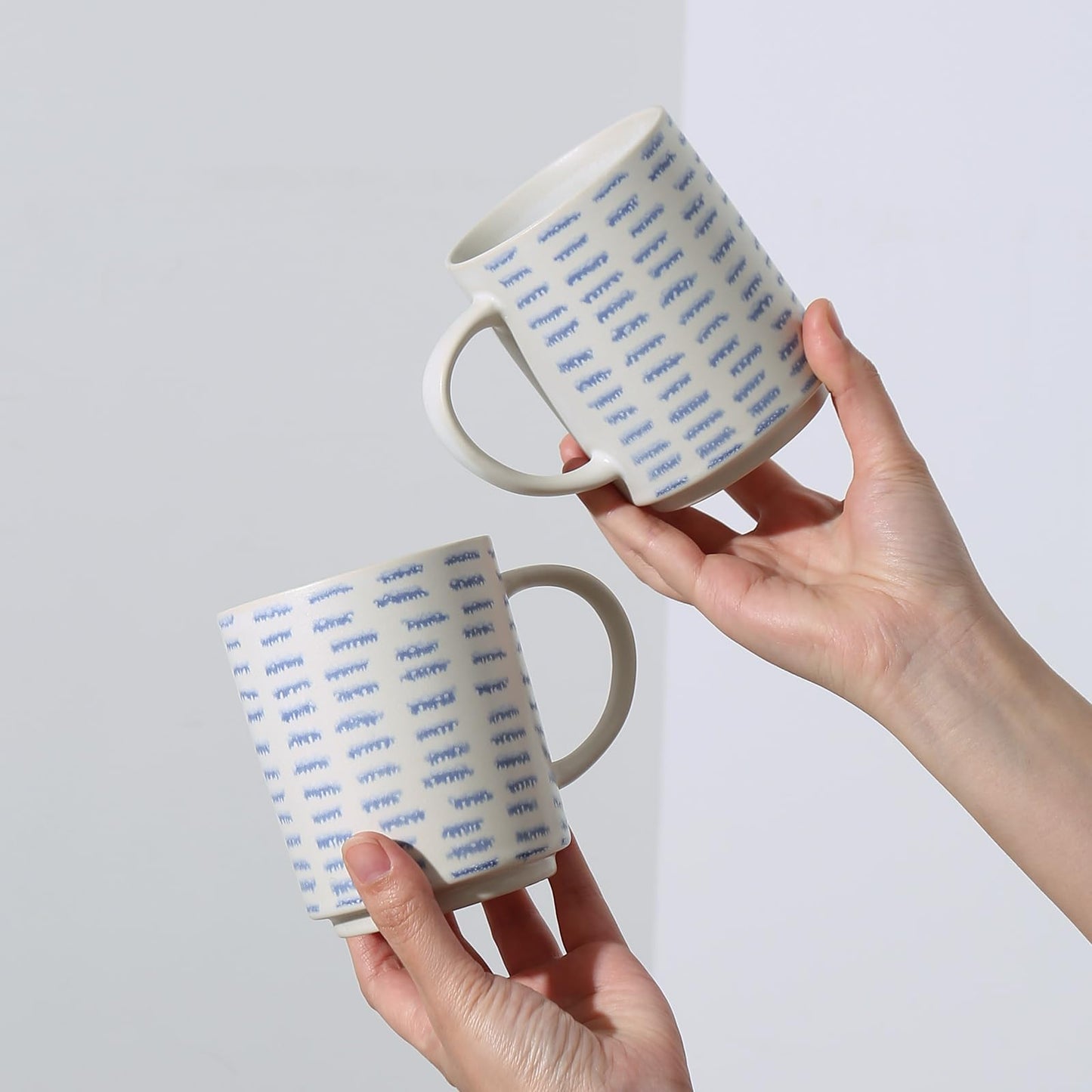 ALOFMO Coffee Mugs Set of 6, 17oz Ceramic Mugs with Handpainted Blue Gray Stripe Pattern, Modern Stackable Coffee Cups, Dishwasher and Microwave Safe Mugs for Home & Office