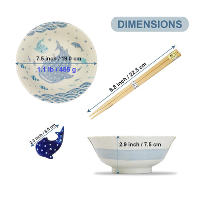 Whale Shark Donburi set, Microwave-Safe Bowl and Chic Chopstick, Whale Shark Chopstick Rest, Pair Set in Sea-Inspired Gift Box, For Ramen, Bowls, Rice Bowls, Soup Bowls.