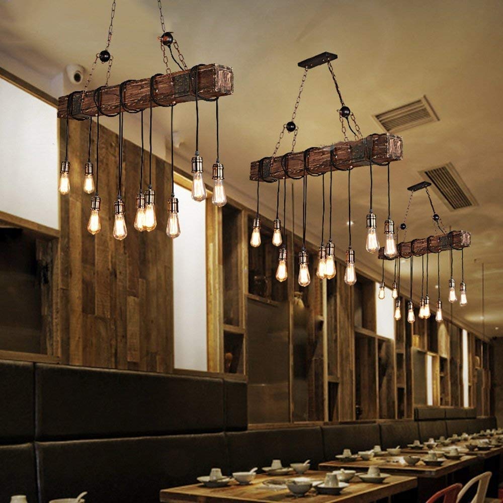 10-Lights Rustic Chandelier Wooden Retro Pendant Light Industrial Suspension Light Wood Chandelier -line can be Adjusted Freely