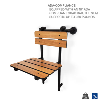 Seachrome Profile Folding Shower Seat with 18 inch Grab Bar, Removable Hanging Bench with Backrest & Legs, Teak Phenolic Seat, Black Semi-Gloss Grab Bar