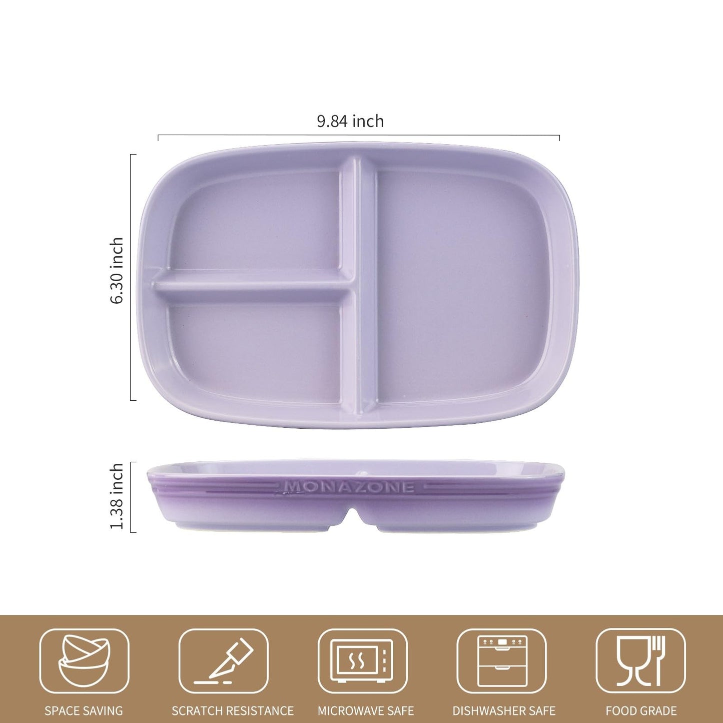MDZF SWEET HOME Portion Control Plate for Weight Loss, Ceramic Divided Plates with 3 Compartments for Adults and Kids, Dishwasher and Microwave Safe (Purple)