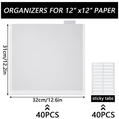 40 Set 12 x 12 Scrapbook Paper Storage Organizer Clear Top Loading Files Plastic Holder with Customizable Tabs for Holding Vinyl Paper Scrapbook Photos
