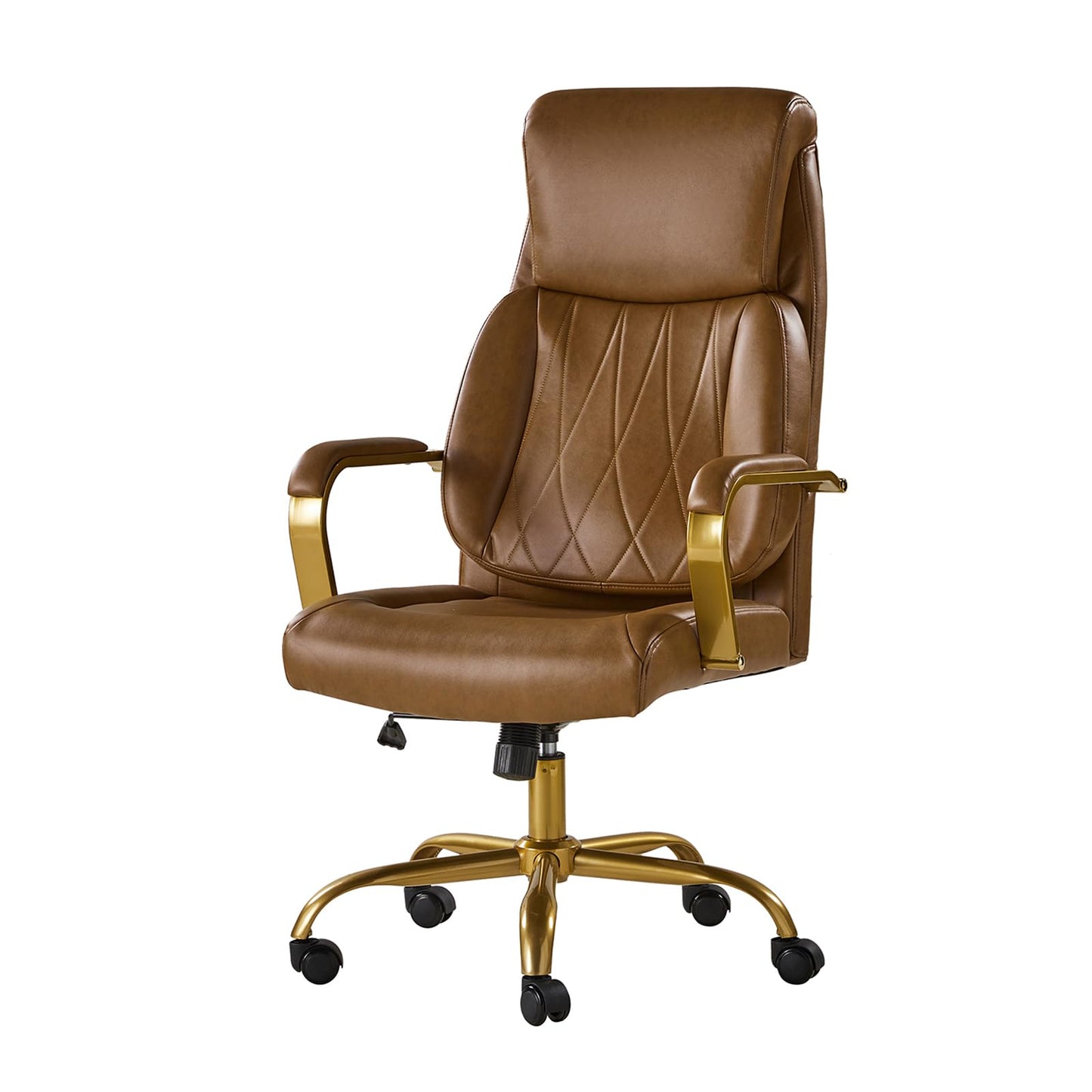 HULALA HOME Executive Office Chair, Adjustable Airbag Lumbar Support, Modern Leather Ergonomic Office Chair with Padded Armrests, Tilting & Swivel, Camel and Gold
