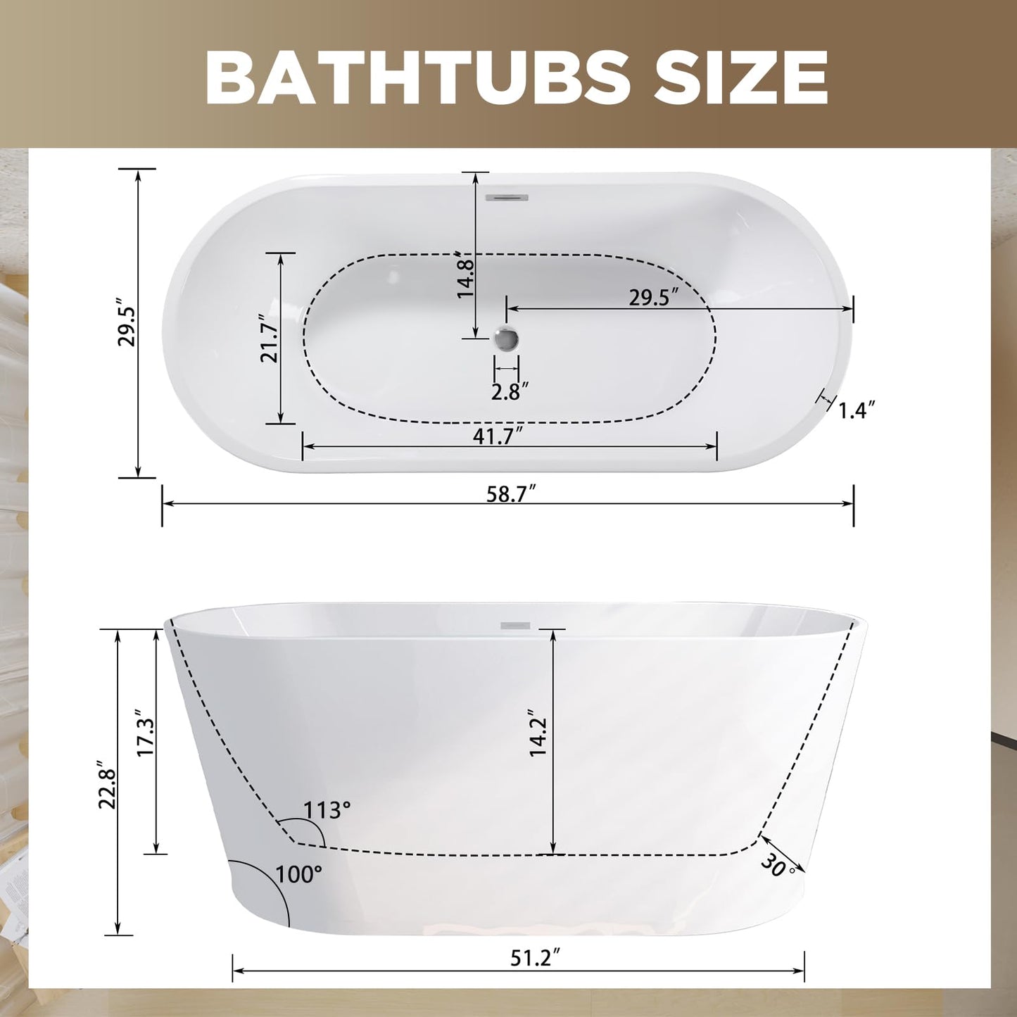 Zavdte 59'' Freestanding Acrylic Bathtub, Gloss White Stand Alone Soaking Tub with Toe-tap Chrome Drain, Double-Wall Insulation, CUPC Certified, Easy Install & Spacious Design