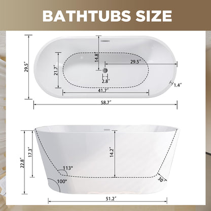 Zavdte 59'' Freestanding Acrylic Bathtub, Gloss White Stand Alone Soaking Tub with Toe-tap Chrome Drain, Double-Wall Insulation, CUPC Certified, Easy Install & Spacious Design