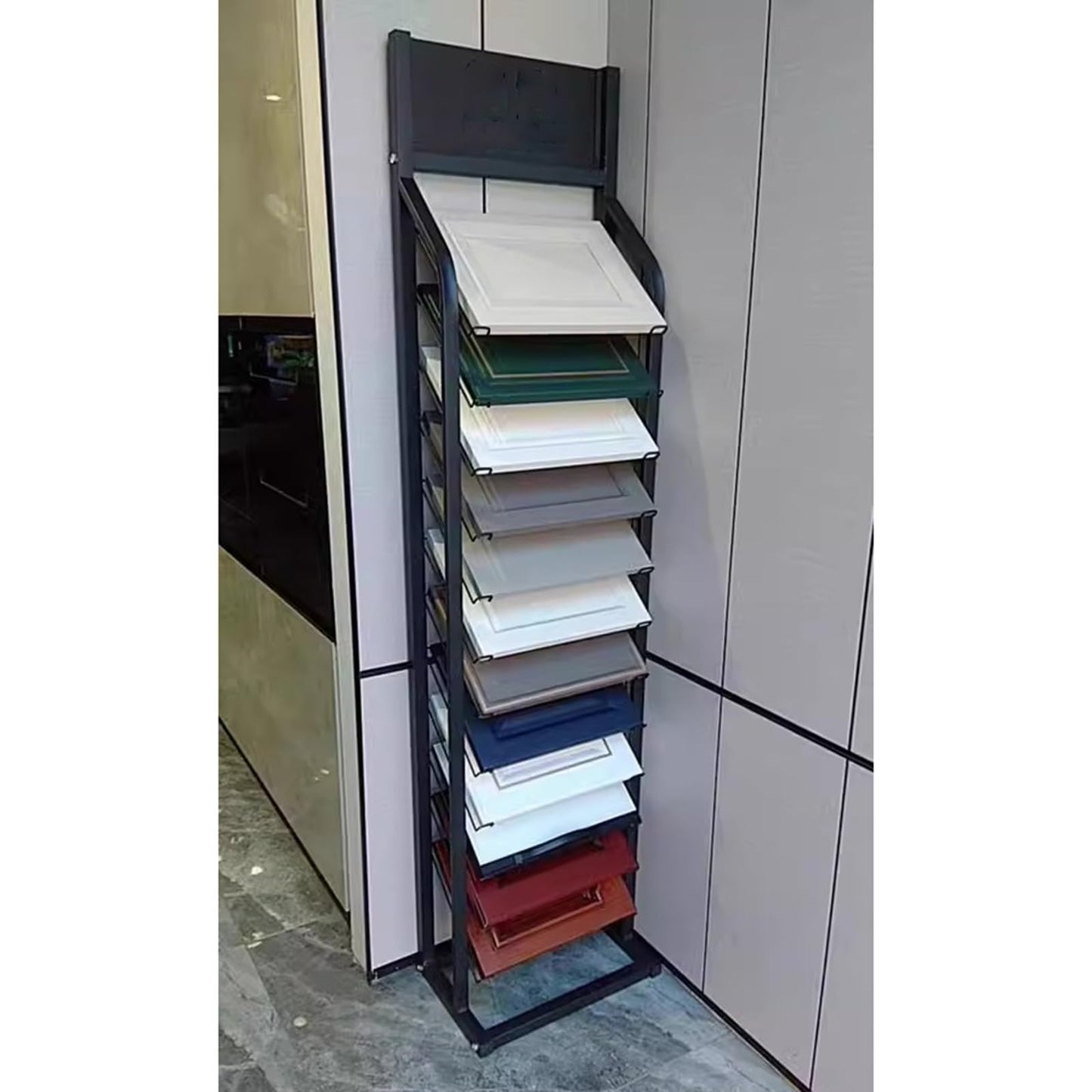 Wooden Display Rack for Samples, 12 Hanging Brackets, Multi-Layer Shelf for Glass/Marble Slabs & Floor Tiles, 26x17.7inch (66x45cm), Perfect for Showrooms & Retail