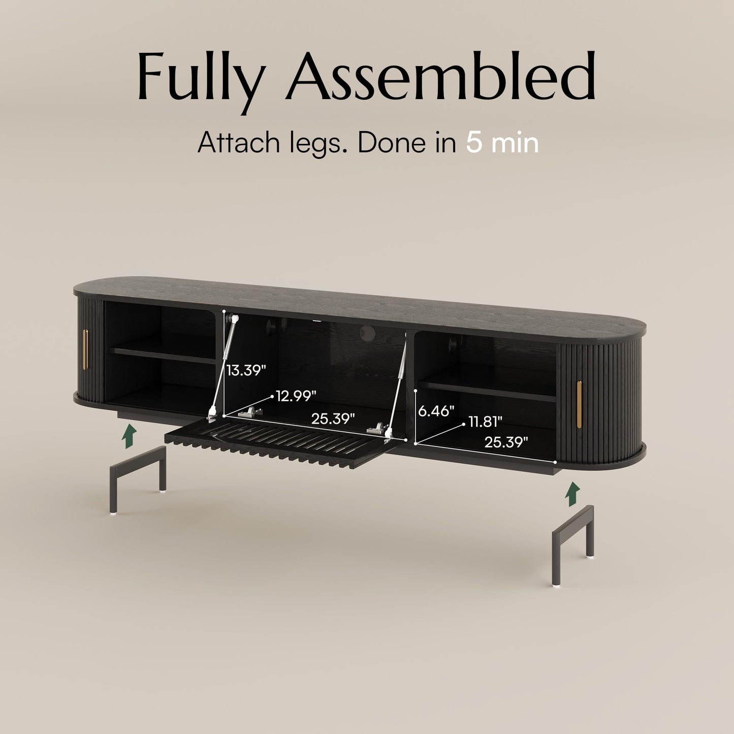 POVISON Fully-Assembled Mid Century Modern TV Stand, Sliding Tambour Door Entertainment Center with Storage, Wood TV Console, Media Console for Living Room Bedroom(Black, 78.74")