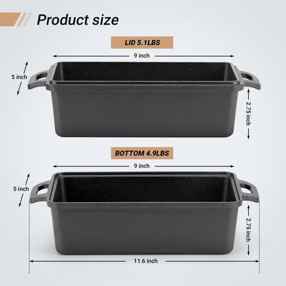 Northriver Casting 9×5 Inch Cast Iron Loaf Pan with Lid | Bread Baking Pan | Even Heat Distribution for Homemade Bread, Cake, and Meatloaf | 2 Piece Set