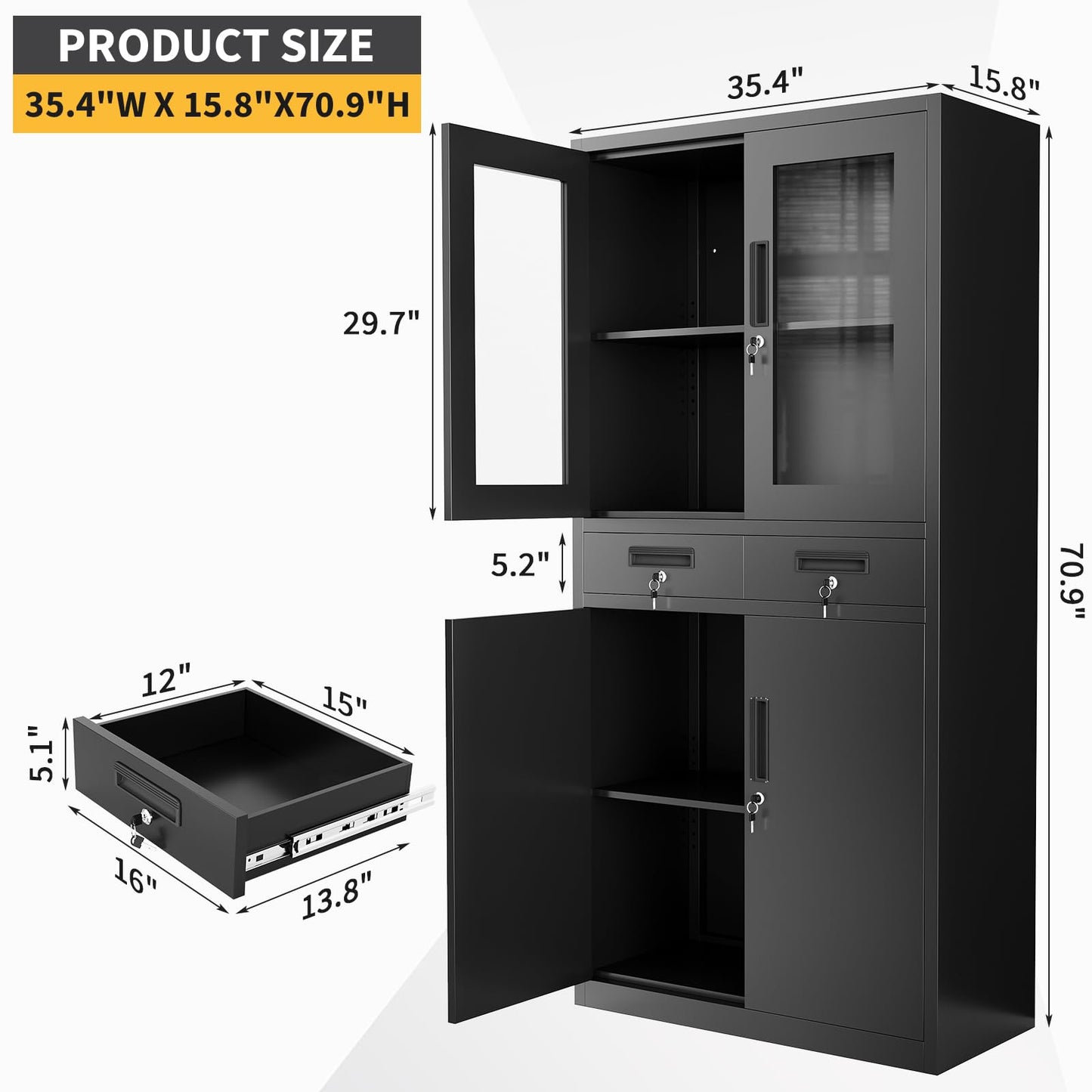File Cabinet 2-Drawer Lateral with Lock, Metal Office Filing Cabinet for Letter/Legal/a4, Heavy Duty Storage Organizer, Full Extension Drawers, Anti-Tip Safety, Black, Home Office Organization
