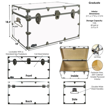 C&N Footlockers - XL Graduate Storage Trunk w/Tray - Made in the USA - STEEL Footlocker for College Dorm Room & Summer Camp - 32 x 18 x 18.5 Inches (Dark Green)