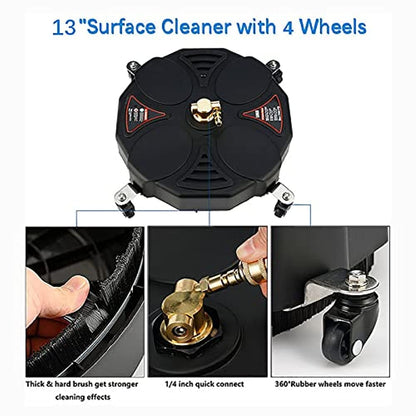 TRELVEX 13 Inch Surface Cleaner Pressure Washer Attachment with Wheels, with 2 Power Washer ExWands and 2 Replacement Nozzles, 3600 PSI