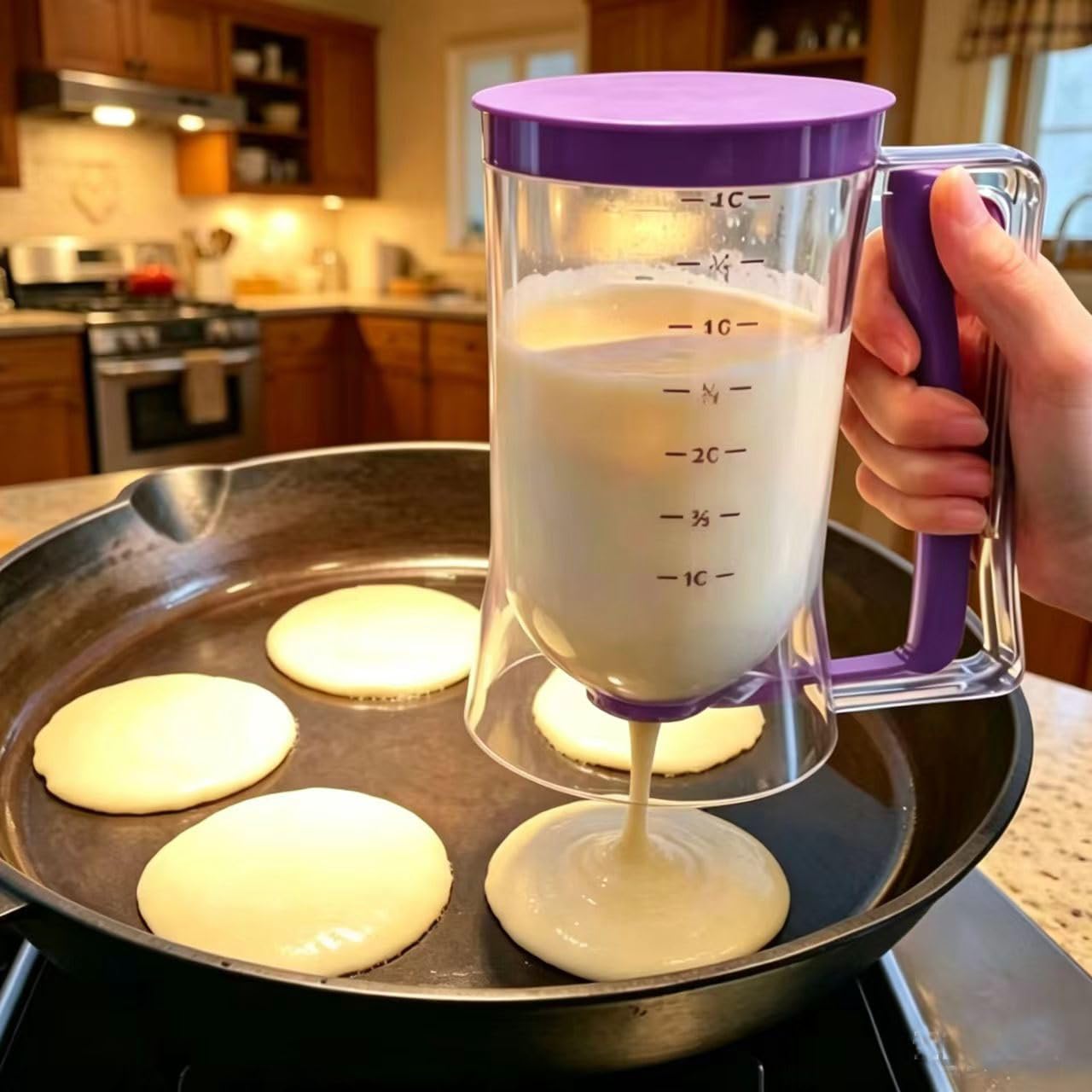 BBSTARZ Pancake Batter Dispenser – 4-Cup Batter Dispenser with Squeeze Handle & Measuring Marks for Pancakes, Waffles, Muffins, Crepes & Cupcakes – Baking Tool (purple)